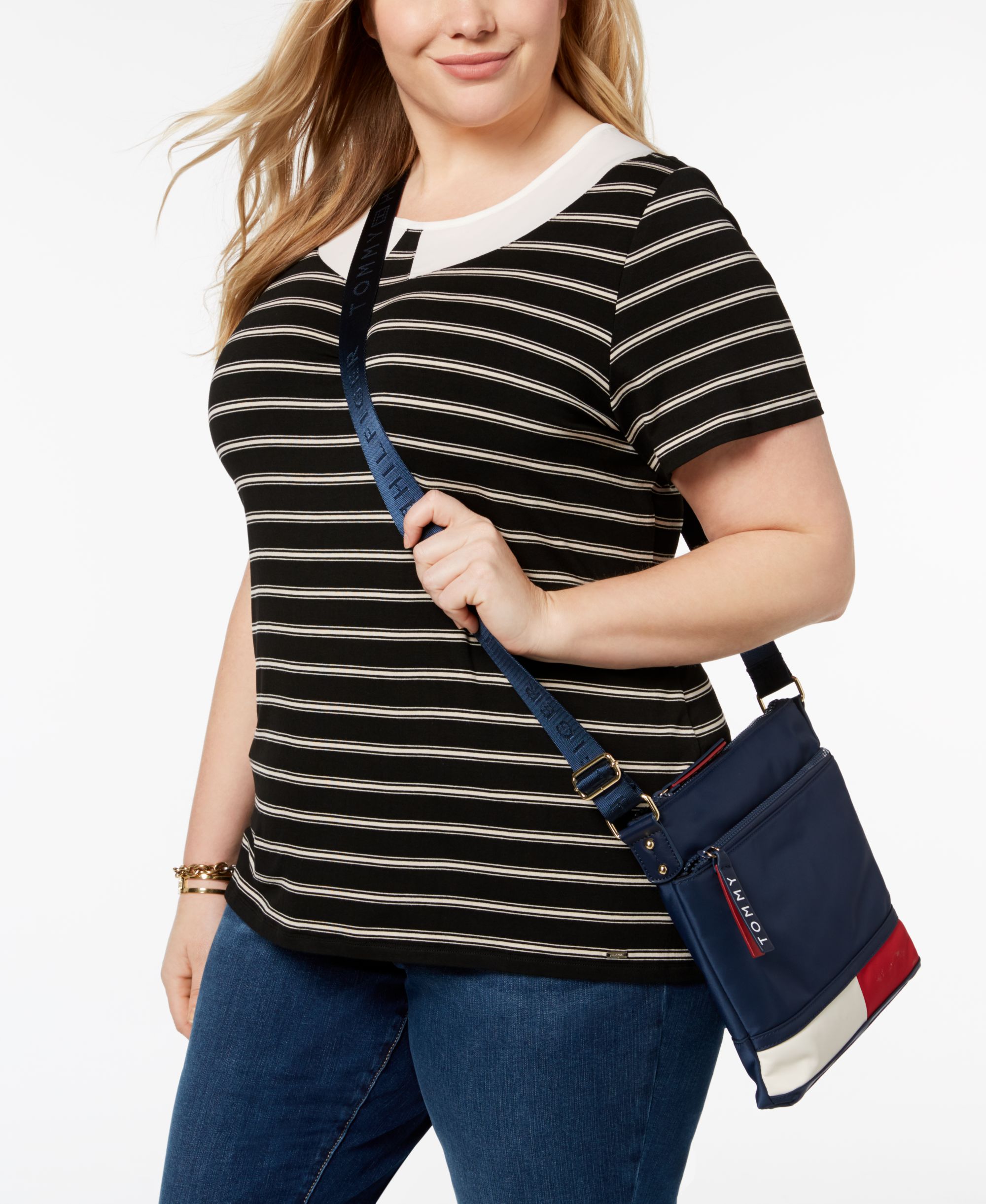 Tommy Hilfiger Plus Size Inset Collar Striped Top Black Stripe 0X